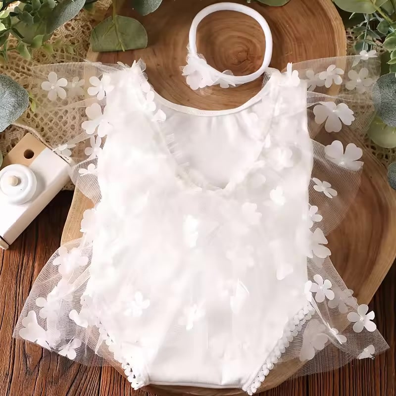 2 Pieces Set Newborn Girl Photography Outfits Embroidery Flower Romper with Headband