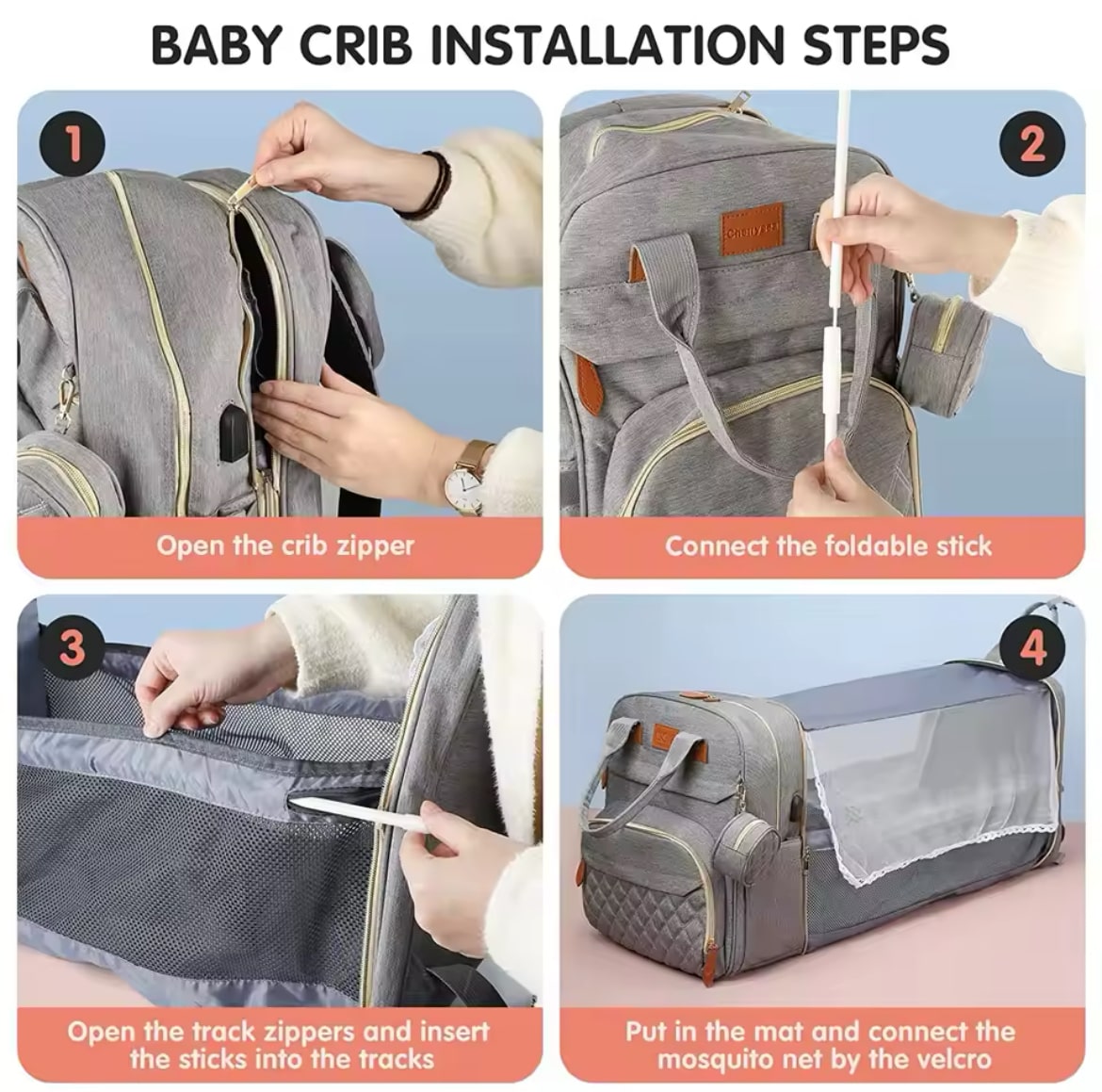 3-in-1 Diaper Bag Backpack – Foldable Baby Bed, Waterproof Travel Bag with USB Charging