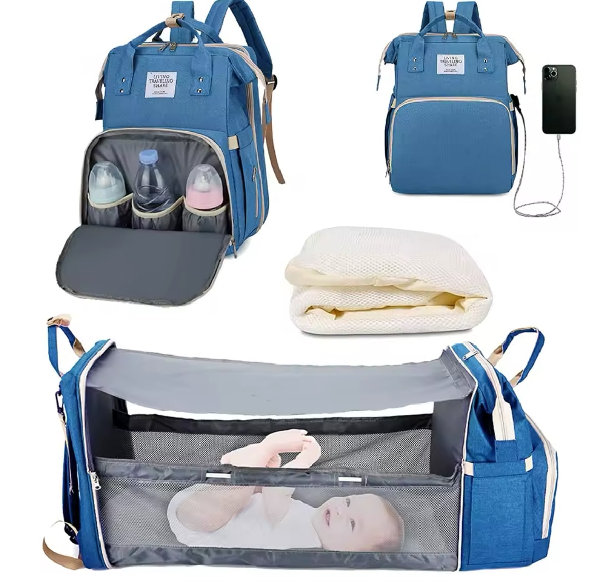 3-in-1 Diaper Bag Backpack – Foldable Baby Bed, Waterproof Travel Bag with USB Charging