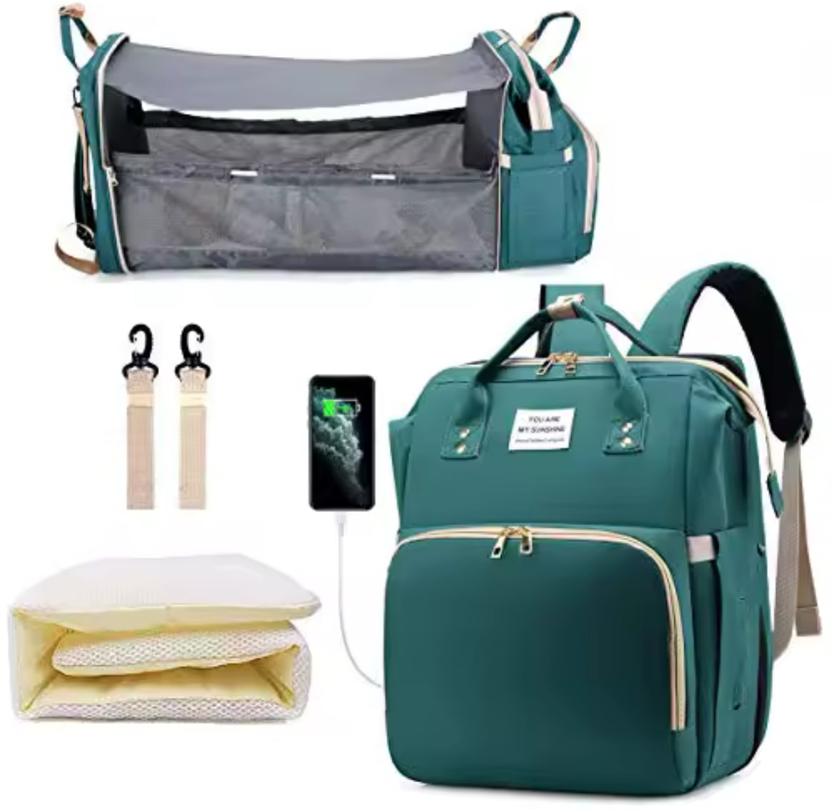 3-in-1 Diaper Bag Backpack – Foldable Baby Bed, Waterproof Travel Bag with USB Charging