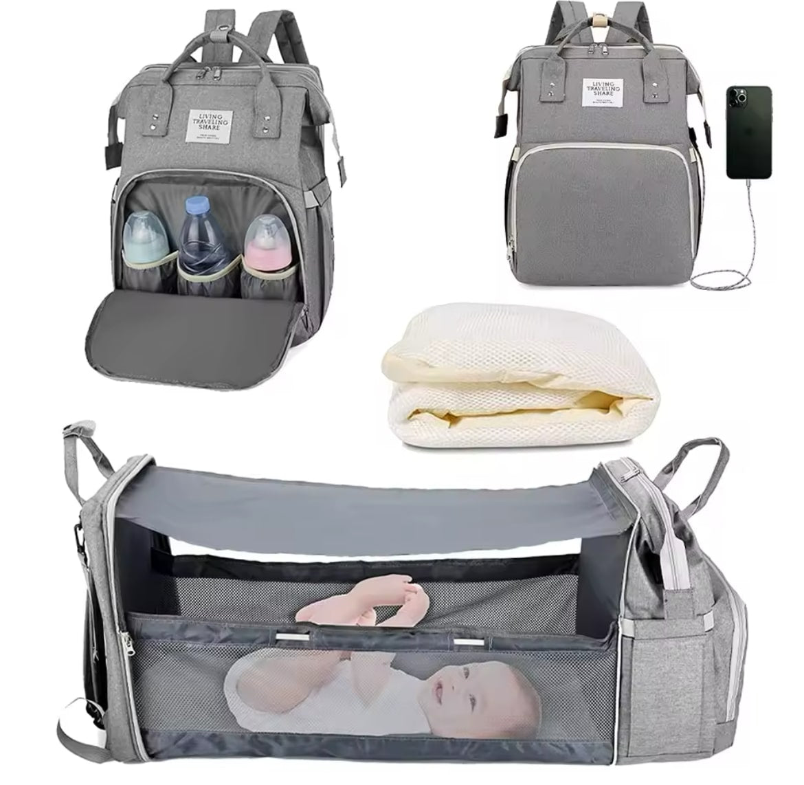 3-in-1 Diaper Bag Backpack – Foldable Baby Bed, Waterproof Travel Bag with USB Charging